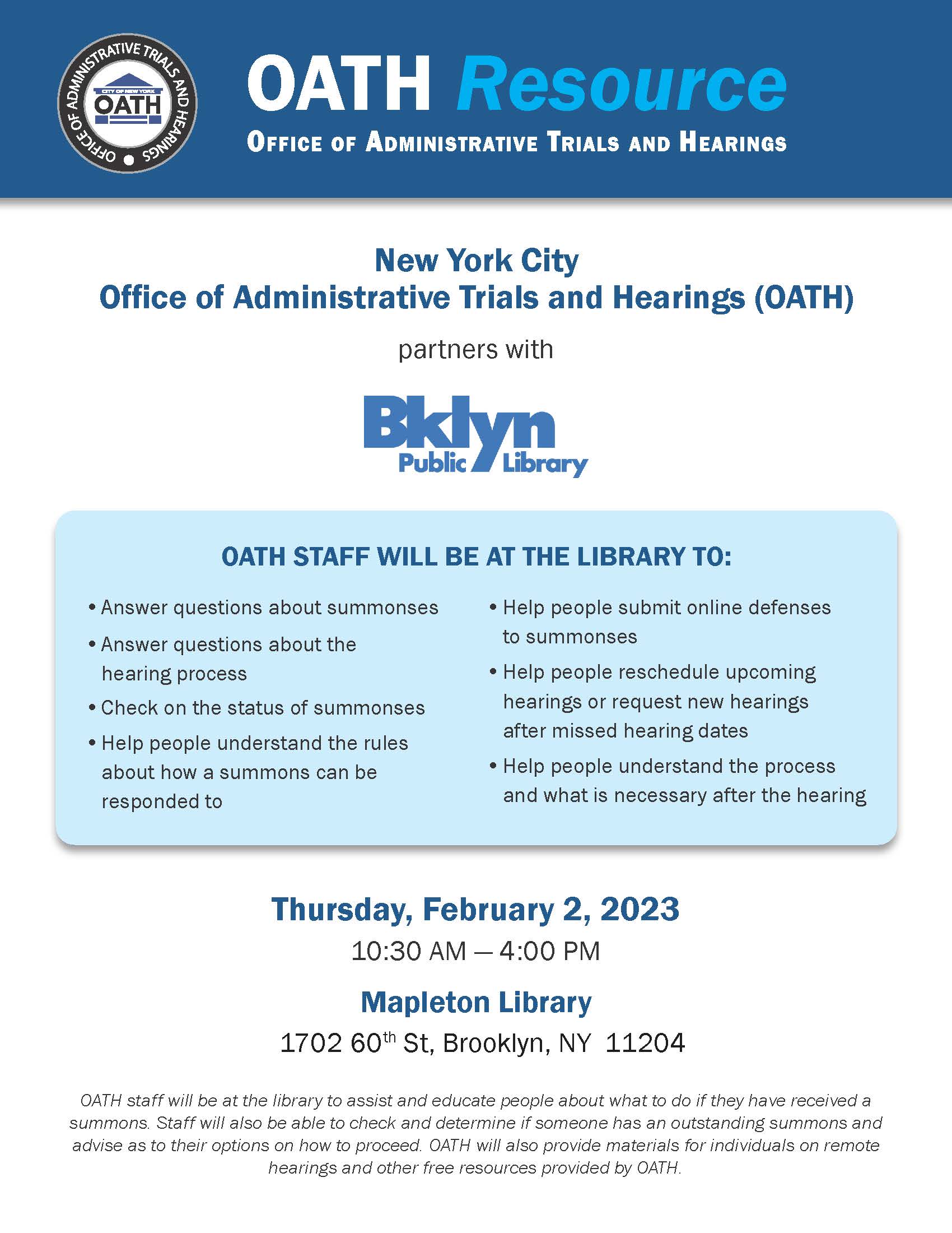NYC Government Publication OATH Resource (February 2, 2023) ID