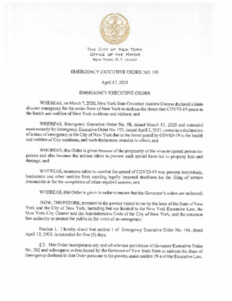 NYC Government Publication | Emergency Executive Order No. 195