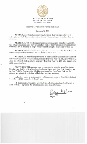 NYC Government Publication | Emergency Executive Order No. 286